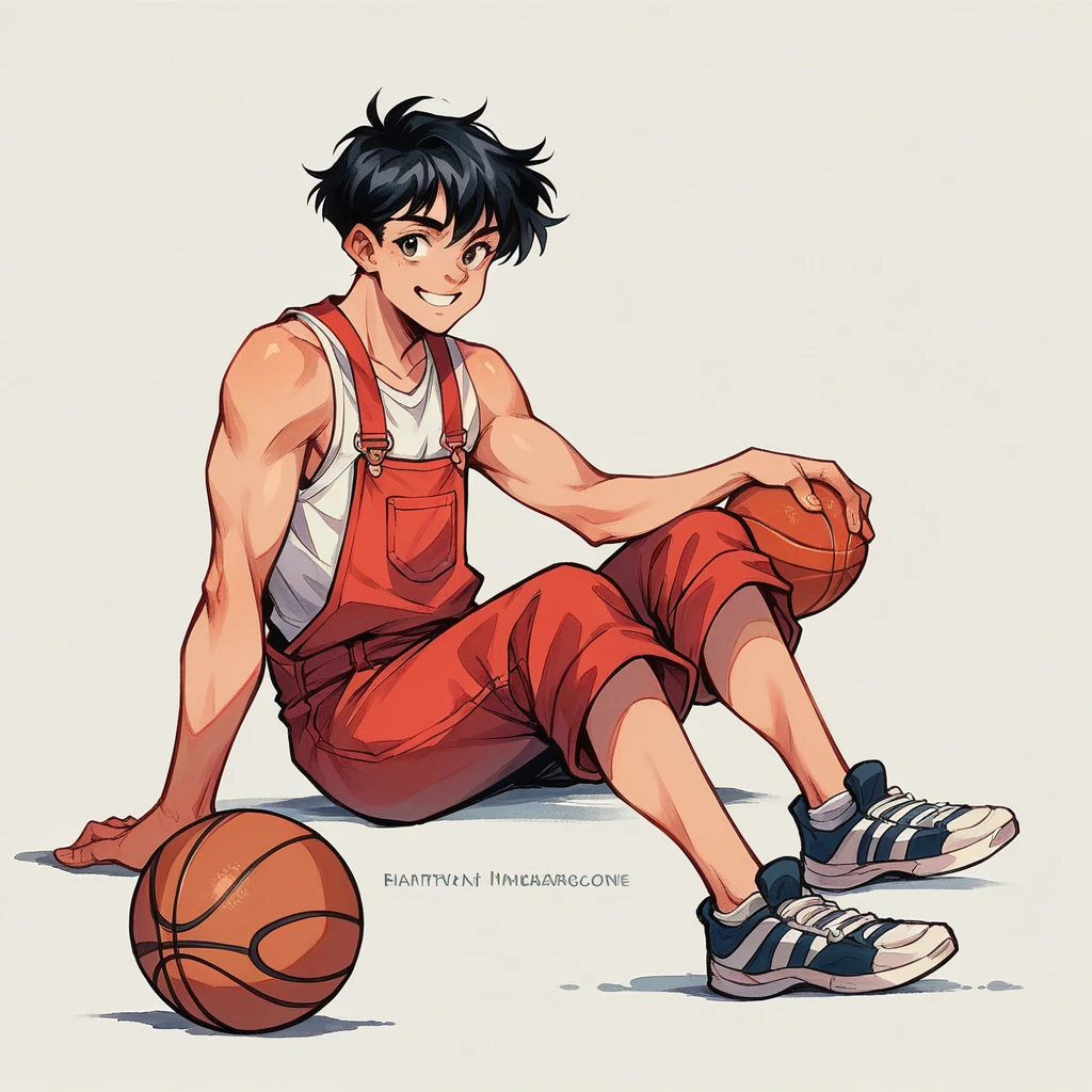 Bande dessinée. Full-length photograph. Plain white background. Watercolor of short, black hair wearing red overalls, smiling profile of heroine sitting on basketball