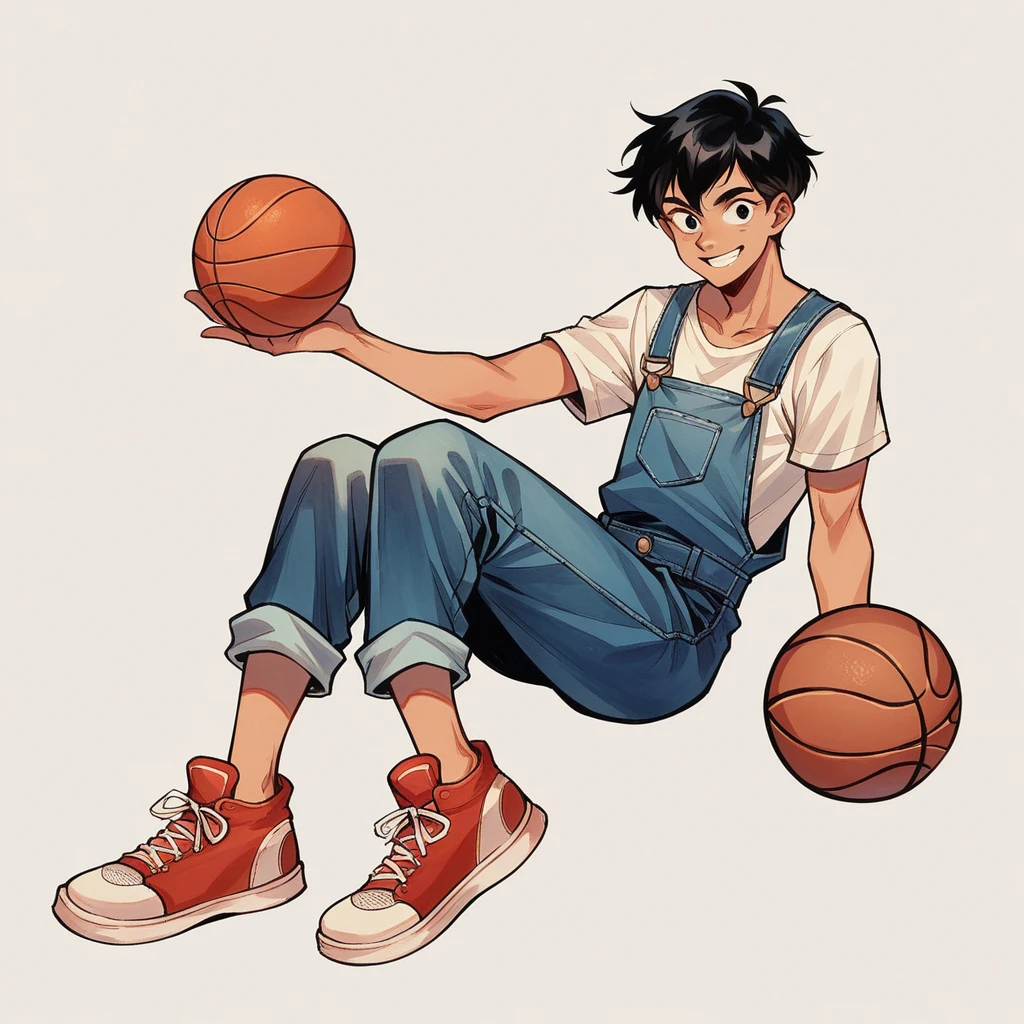 Bande dessinée. Full-length photograph. Plain white background. Watercolor of short, black hair wearing red overalls, smiling profile of e sitting on basketball