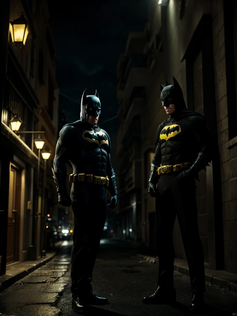 Batman chatting with dick tracy, in a blocked street, in a gótica city, at the night, Cinematography style, master piece, cinematic illumination.
Hyperealismo, cinematic style, Ultra realism, HDR, cinematic lighting, unity rendering, high detail, 4k resolution, vfx effects.