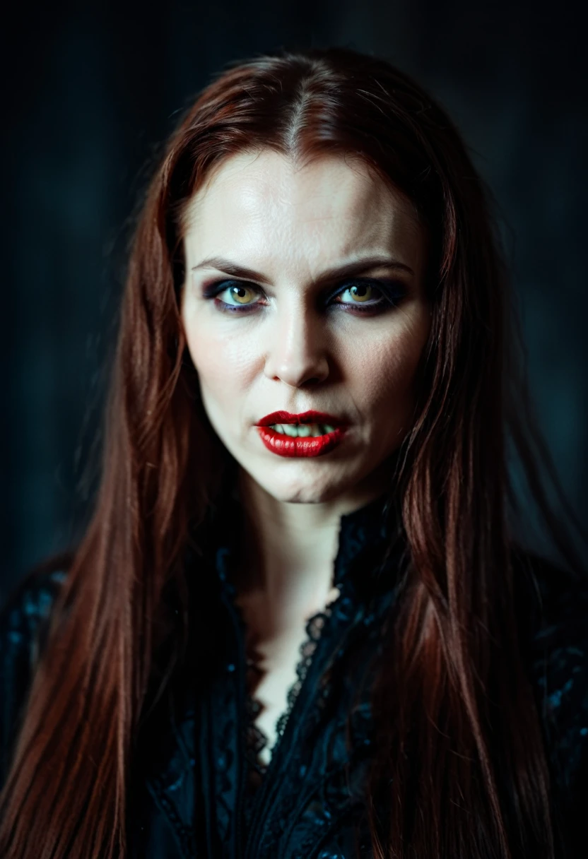 close-up portrait of an evil slavic woman vampire model styled by michale kors, in the morning