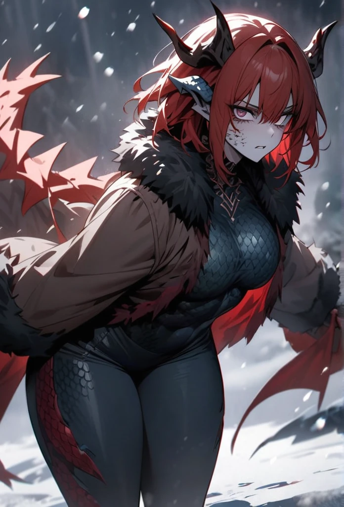 (High resolution, best quality, masterpiece), detailed, ultra detail, 1male, physically fit, curvy, muscular body, fierce expression, dark eyes, (detailed eyes), redhair, short length hair, full body, ((dragon horns)), ((face: dragon scales)), face covered in scales, ((topwear: fur lined coat, bottomwear: tight jeans)), snow background, part draconic, somber expression, inhuman, reptilian skin