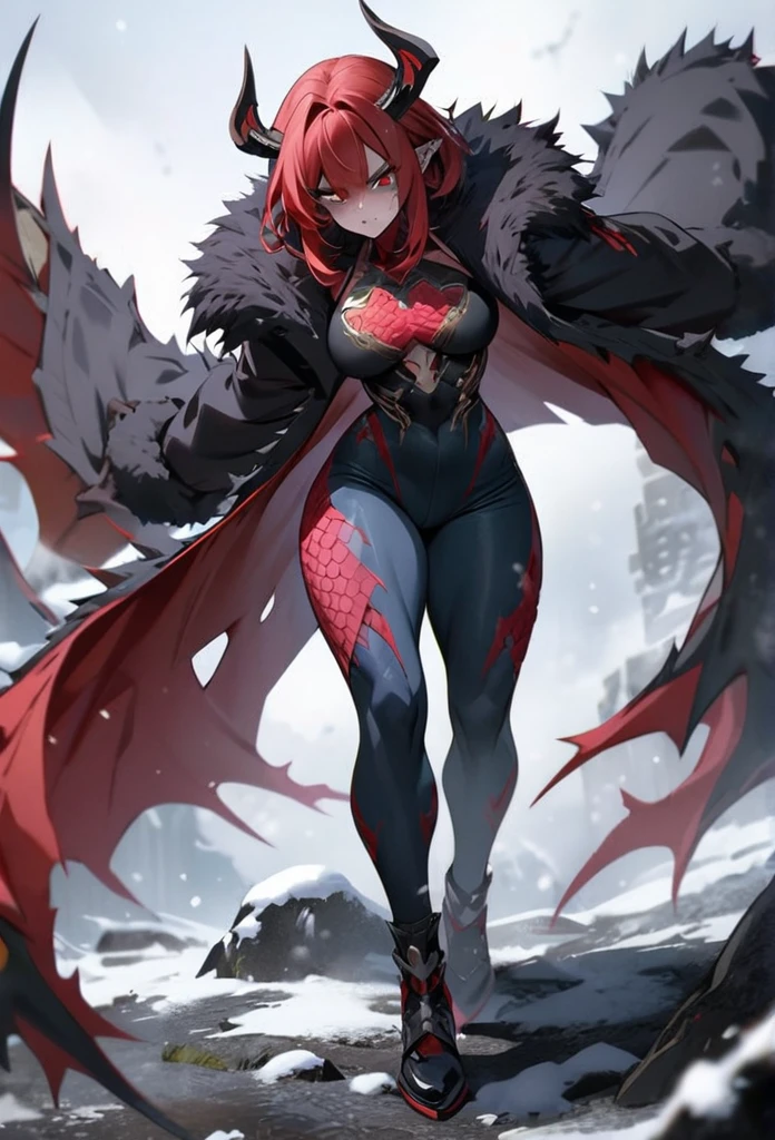 (High resolution, best quality, masterpiece), detailed, ultra detail, 1male, physically fit, curvy, muscular body, fierce expression, dark eyes, (detailed eyes), redhair, short length hair, full body, ((dragon horns)), ((face: dragon scales)), face covered in scales, ((topwear: fur lined coat, bottomwear: tight jeans)), snow background, part draconic, somber expression, inhuman, reptilian skin