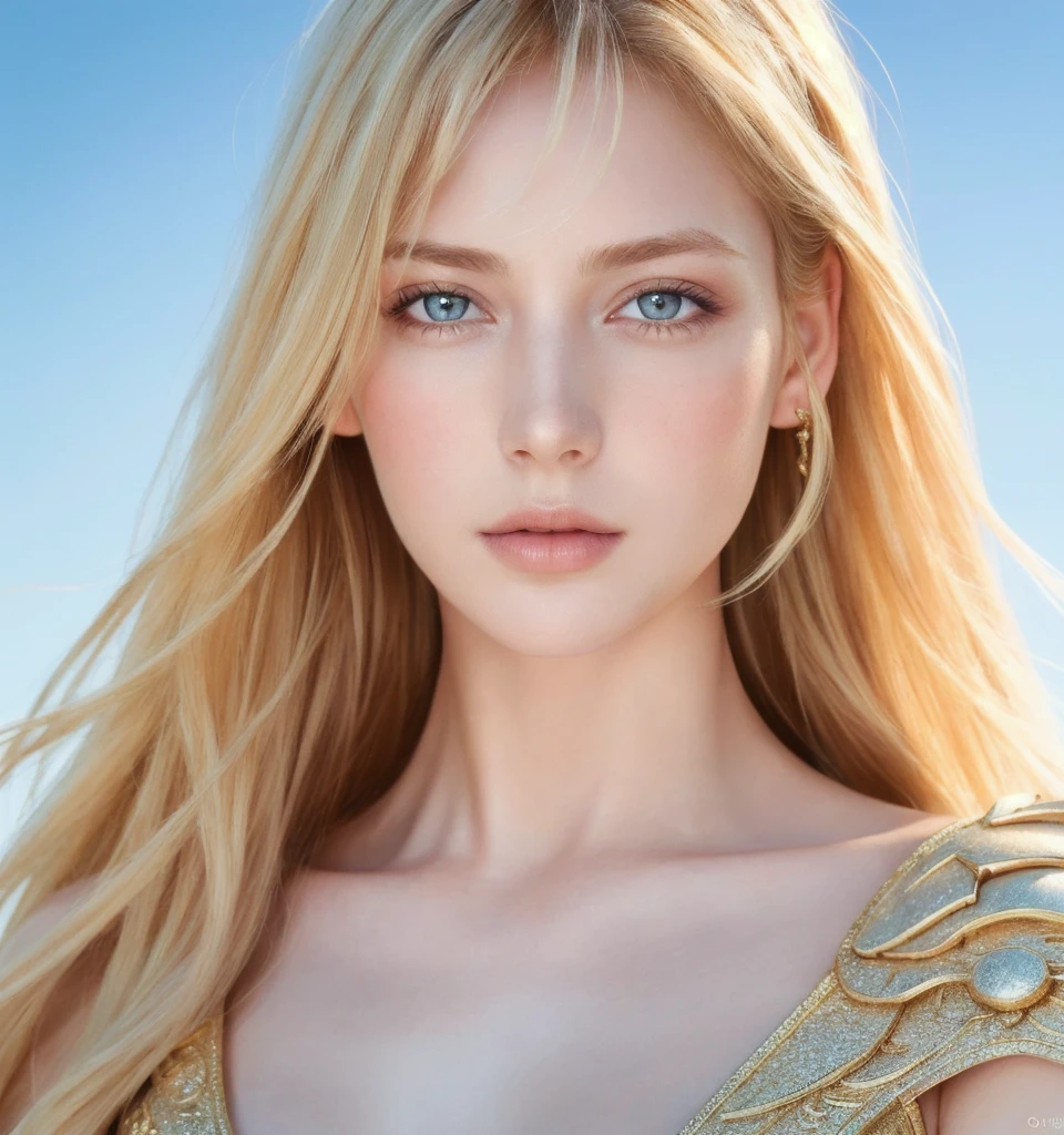 angel, armor gold (masterpiece, best quality, high resolution:1.4), 1 girl, angel, skin pores texture, Hair blonde, HD , Photography, movie, cinematic, full Body, Realistic, (8k, RAW photo, best quality, masterpiece:1.2), (realistic, photo-realistic:1.33), best quality, detailed eyes blue, cute,natural lighting, depth of field, film grain, wrinkled skin, sharp, detailed and realistic portrait of a woman ,(freckles:0.5)