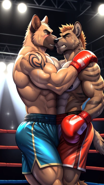 Duo male(Brown Hyena vs Brown Hyena, handsomes, Thick eyebrows), gay(they clinch each other, rubbing bodies, cuddling embraced, on a boxing match), hot(Shirtless), handsomes(They are handsomes, correct anatomy), musculosos(Big muscle bodies, Six packs, muscle abs, big pecs, muscle backs, muscle legs), sweaty(very sweaty wet bodies, shiny sweat), tatuajes(they have tattoos), Angry(Both have an angry expression, growling, steaming breath), Boxing gloves(They both are wearing red Boxing gloves), Boxing shorts(They both are wearing boxing shorts), Hight resolution, by(Zourik:1.1), comic panels