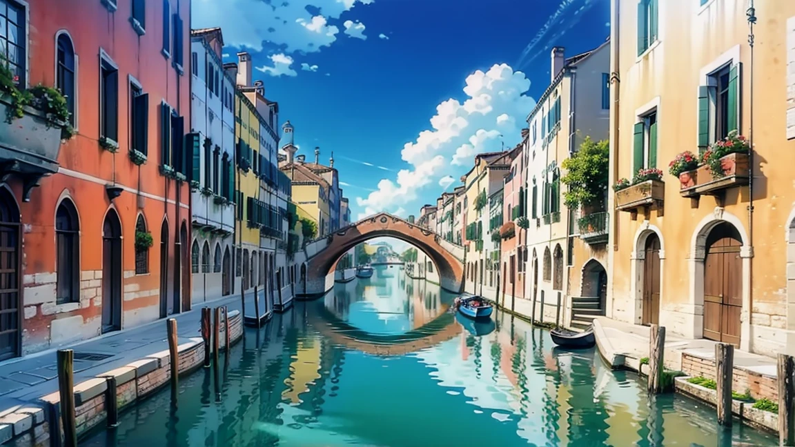 A 16:9 anime-style illustration depicting a female adventurer traveling by boat through the canals of a Venice-inspired city. The female adventurer is dressed in fantasy attire, including a cloak and armor, and is navigating a gondola-like boat. The city features ornate buildings, arched bridges, and bustling streets along the waterways. The canals are lined with vibrant flowers and greenery. The atmosphere is lively and full of exploration under a clear blue sky with a few fluffy clouds.