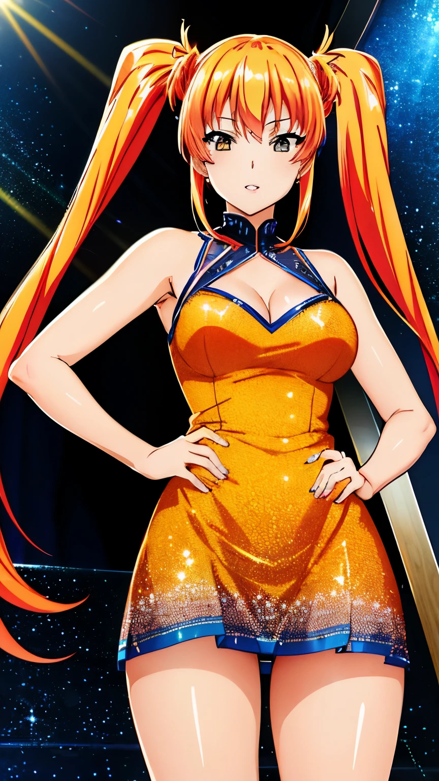 highest quality, High resolution, beautiful eyes, highly detailed face, Detailed CG,anime style, saki mizuhara , 1 girl, orange hair, (sparkly dress, shiny dress, thighs), twin tails, long hair, Are standing,１with people,stylish pose, stylish angle,looking at the viewer, in the center of the image,cowboy shot,