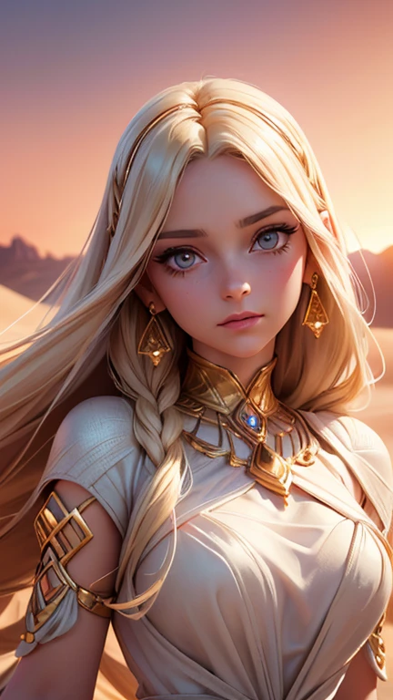 a beautiful desert princess, 1girl, detailed face, mesmerizing eyes, long eyelashes, elegant facial features, flowing white dress, desert landscape, golden sand dunes, orange sunset sky, warm lighting, cinematic composition, fantasy art, digital painting, (best quality,4k,8k,highres,masterpiece:1.2),ultra-detailed,(realistic,photorealistic,photo-realistic:1.37)