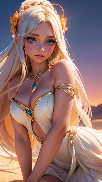 a beautiful desert princess, 1girl, detailed face, mesmerizing eyes, long eyelashes, elegant facial features, flowing white dress, desert landscape, golden sand dunes, orange sunset sky, warm lighting, cinematic composition, fantasy art, digital painting, (best quality,4k,8k,highres,masterpiece:1.2),ultra-detailed,(realistic,photorealistic,photo-realistic:1.37)