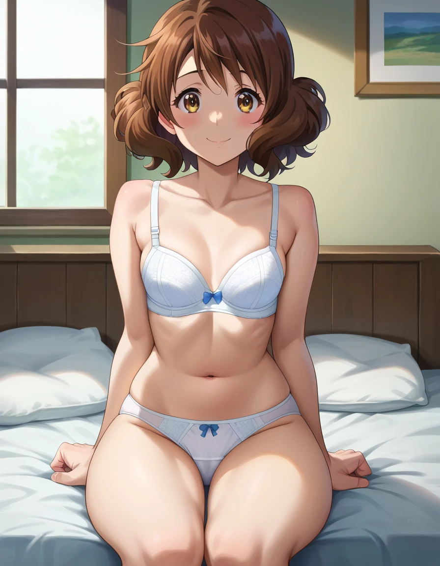 Highest quality, High resolution, masterpiece, (Beautiful Eyes), (Fine grain), Detailed face, kumiko oumae, Brown eyes, Brown Hair, short hair, Wavy Hair, smile, blush, indoor, bedroom, whiteいベッド, (Wide pelvis:1.5), (Thick thighs), (white_bra:1.5), (white_Panties:1.5), (９year old small boy), (Teenager:1.5)