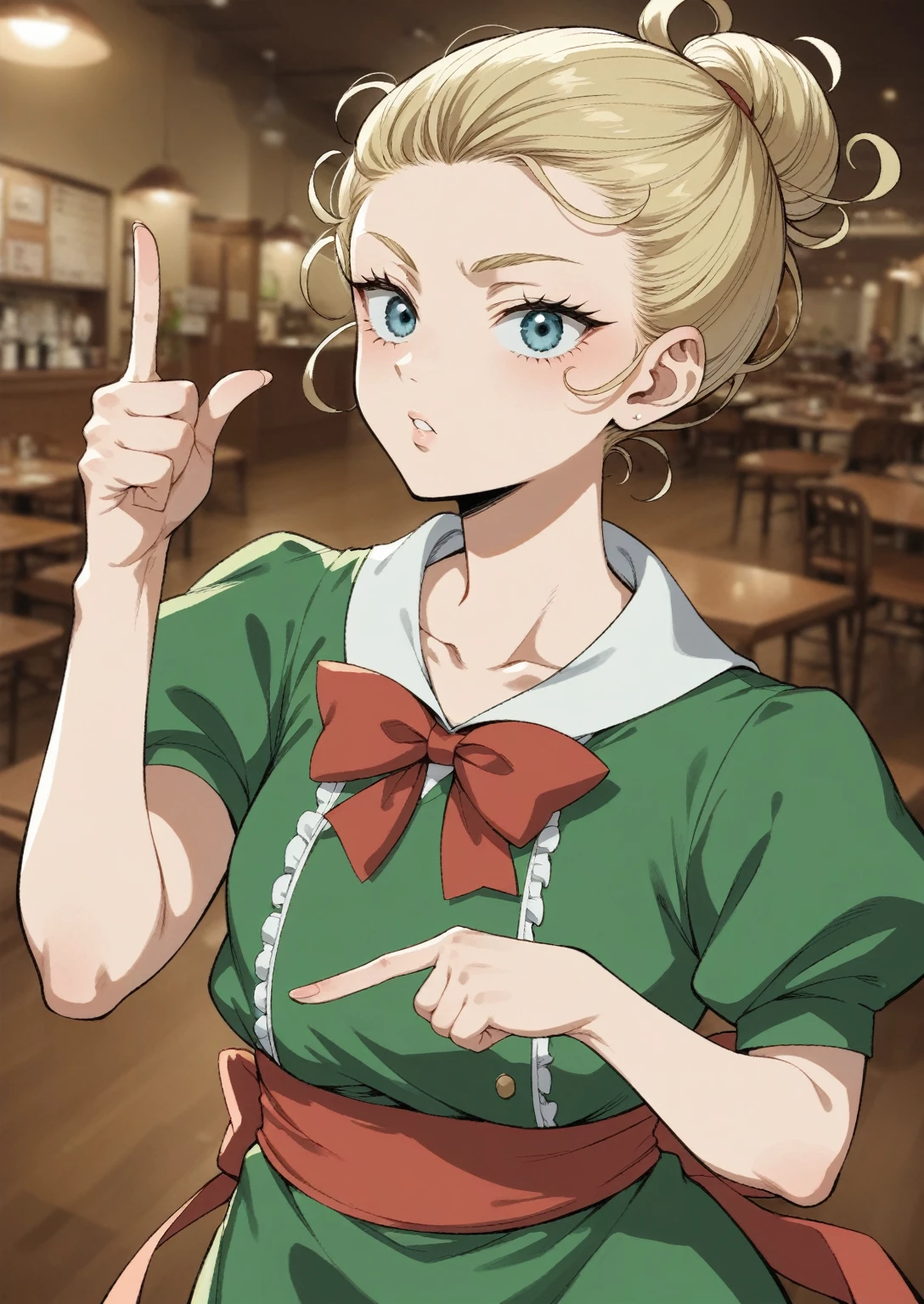 anime girl with blonde hair and blue eyes pointing at something, , ( waitress ) girl, in dress, tatsumaki, tatsumaki from one punch man, rena nounen style 3/4, painted in anime painter studio, inspired by Leiko Ikemura, anya from spy x family, retro anime girl, in an anime style