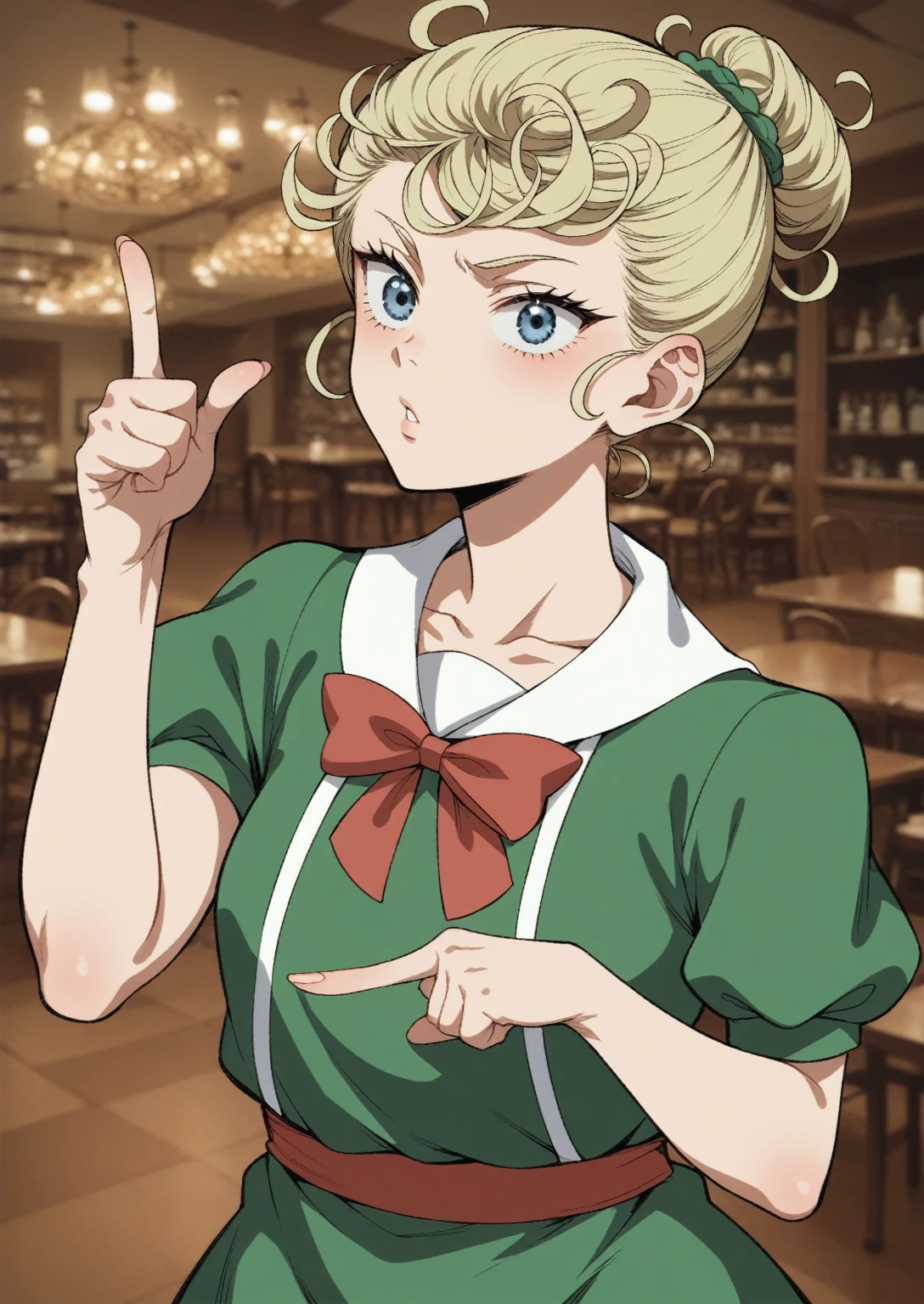 anime girl with blonde hair and blue eyes pointing at something, , ( waitress ) girl, in dress, tatsumaki, tatsumaki from one punch man, rena nounen style 3/4, painted in anime painter studio, inspired by Leiko Ikemura, anya from spy x family, retro anime girl, in an anime style