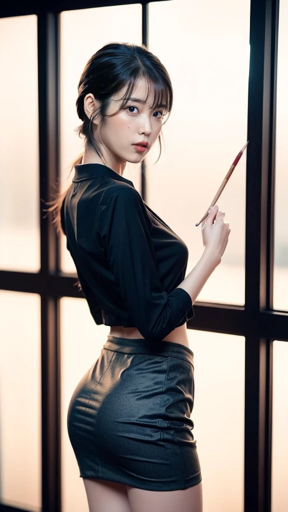 Lee Ji Eun (Best quality, 8k, 32k, Masterpiece, UHD:1.2), ((Composition from head to thighs:1.5)), ((backwards:1.8, Point your small tiny butt at the camera:0.8, Japanese-style room at the ryokan:1.8)), ((office short shirt and long pencil skirt:1.8)), (smile:1.5), erect nipples, 1 girl, solo, 18-year-old, 7 head and body, Ideal flat ratio body proportions, black hair, With bangs, small breasts, slender, small butt, beautiful feet, skinny legs, Surrealism, cinematic lighting, Depth of bounds written, first person perspective, Breasts F/1.8, 135mm, ticker, muste piece, curate, ((anatomically correct:1.3)), textured skin, super detail, high details, high quality, Awards, best quality, High resolution, 8K