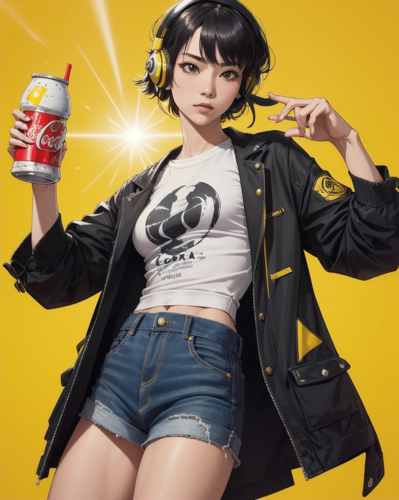 Posing in front of a colorful and dynamic background. Realistic, 8k, masterpiece, RAW Photos, Highest quality, Realistic, 非常に詳細な CG Unity 8k 壁紙, Written boundary depth, Cinematic Light, Lens flare, Ray Tracing, Perfect lighting,short hair, (Delicate skin), (Delicate face), (Pop Background :1.1), Person standing and watching、Comical movement,1 female,The world of the movie Killbill、Headphones,(Yellow background),Modern Style,Artistic,mobile composition,Unique Pattern,Bold Texture,colorful,Imaginative,Whimsical,Vibrant,like々Shii,Playful,Vibrant,creative,Expressive,stylish,tendency,One Girl,Holding a Japanese sword、Coca-Cola Poster、Lemon on the background、Bruce Lee Costume,Eat pizza、