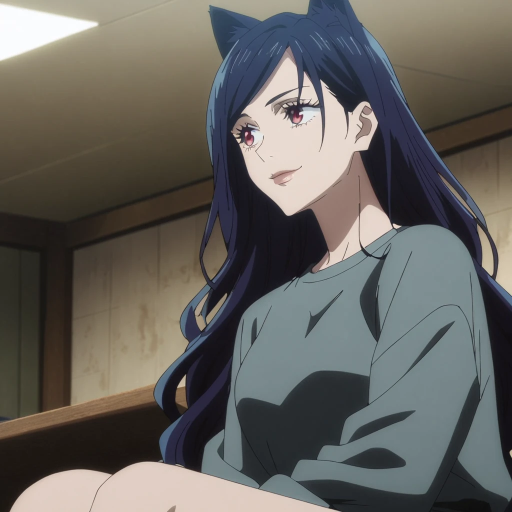 1girl, female gojo satoru, anime screencap from jujutsu kaisen, gojo satoru female version, solo, very long_hair, ((smooth texture hair)) ((red eyes)), ((very long wavy Dark blue_hair)) ((cat ears)) night view, breasts, upper_body, smile, indoors, book, bangs, lips (( very long wavy hair, swept bangs)) wearing black color sweater, breast, "very detailed and high resolution" (red eyes)  ((smooth texture hair)) ((solo)) ((high resolution)) ((upper body)) (Good quality) , (sitting) ((dark blue hair colour))