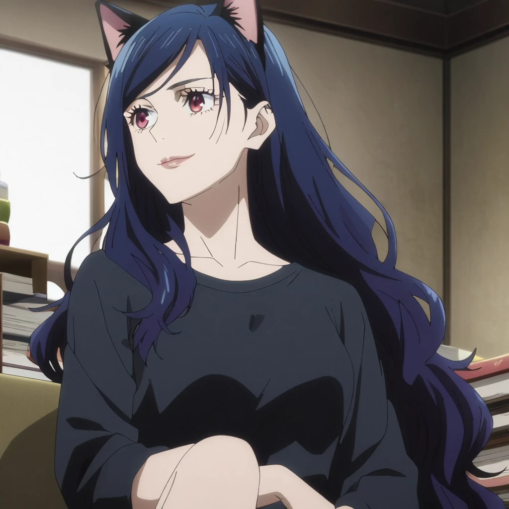 1girl, female gojo satoru, anime screencap from jujutsu kaisen, gojo satoru female version, solo, very long_hair, ((smooth texture hair)) ((red eyes)), ((very long wavy Dark blue_hair)) ((cat ears)) night view, breasts, upper_body, smile, indoors, book, bangs, lips (( very long wavy hair, swept bangs)) wearing black color sweater, breast, "very detailed and high resolution" (red eyes) ((smooth texture hair)) ((solo)) ((high resolution)) ((upper body)) (Good quality) , (sitting) ((dark blue hair colour))