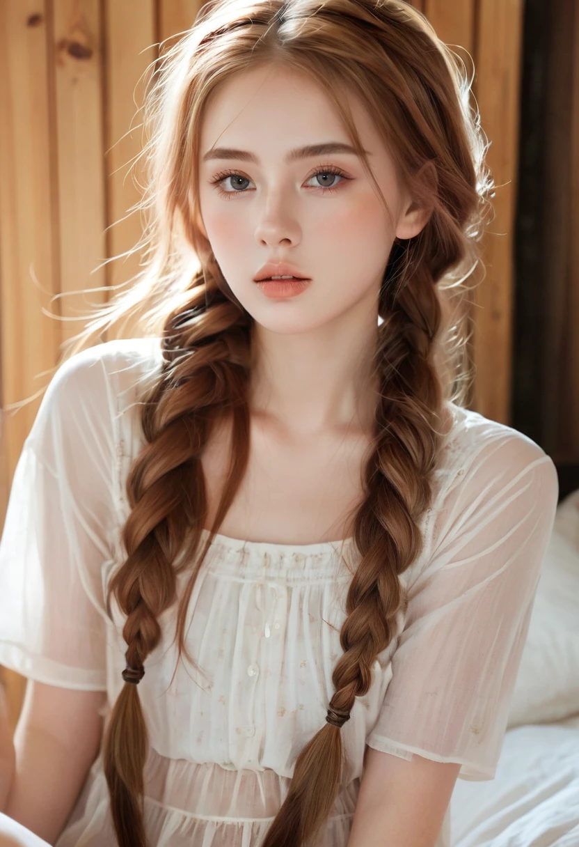 Nordic young woman, Cute face, Tempting, best quality, masterpiece, Translucent summer wear, Prime Time, Detailed texture, Long braided hair, Sitting on the bed, Strike a pose, Casual posture, Log House, Internal, [blush], Aesthetic, complex, Caustic lines, Light, Sunlight, (((Soft lips))), (((Glossy lips))), Very detailed, (Semi-realistic:1.2), niloudef, Red hair