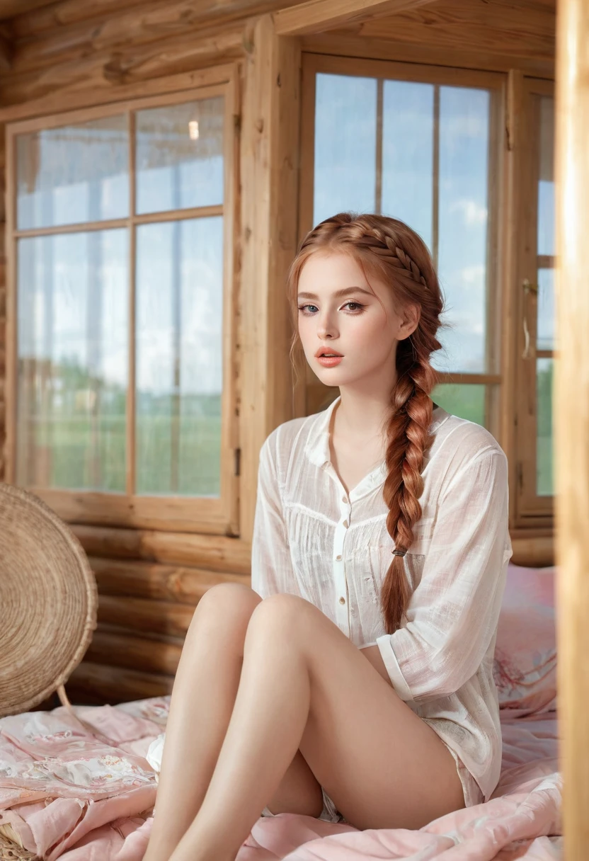 Nordic young woman, Cute face, Tempting, best quality, masterpiece, Translucent summer wear, Prime Time, Detailed texture, Long braided hair, Sitting on the bed, Strike a pose, Casual posture, Log House, Internal, [blush], Aesthetic, complex, Caustic lines, Light, Sunlight, (((Soft lips))), (((Glossy lips))), Very detailed, (Semi-realistic:1.2), niloudef, Red hair