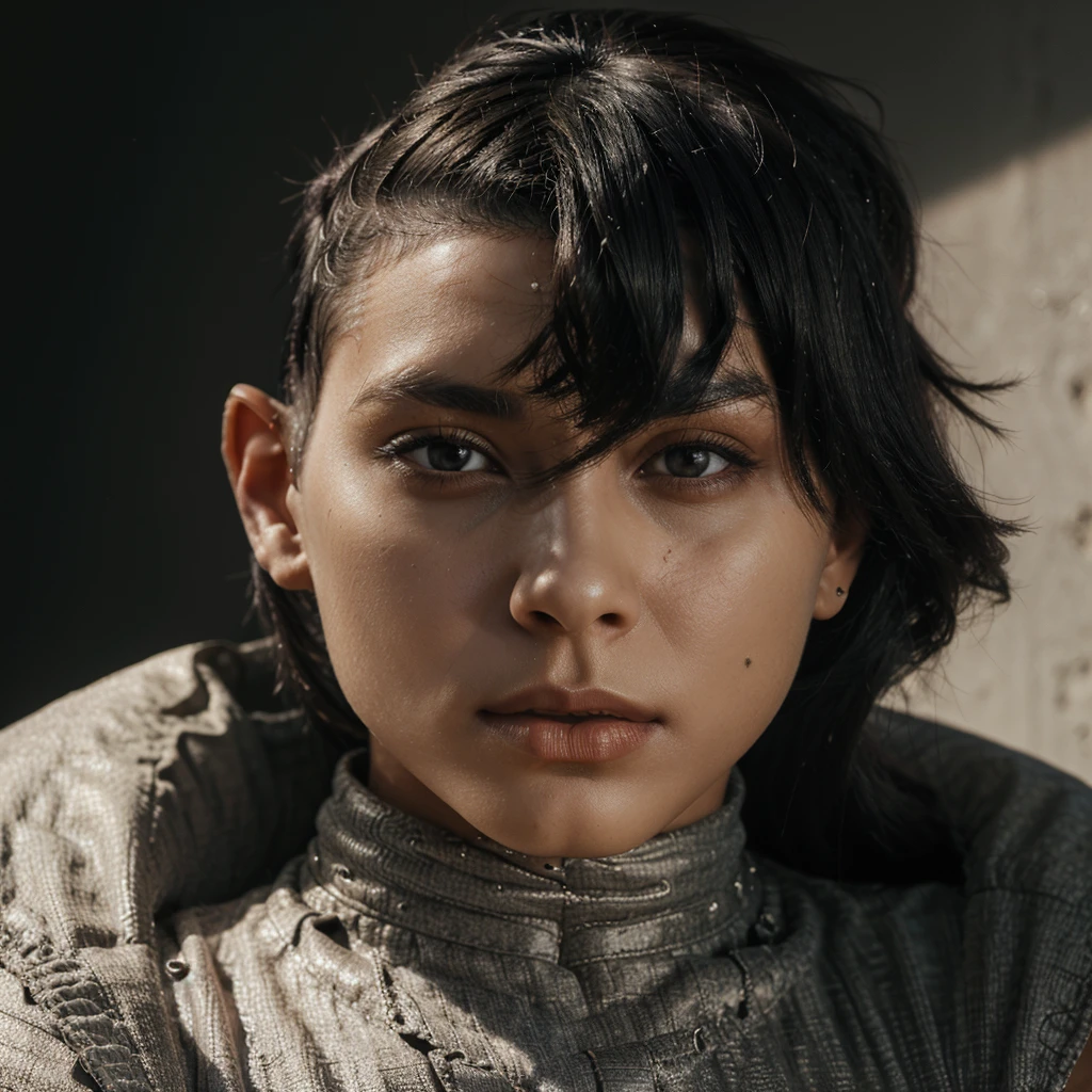 a 30 yo woman,(hi-top fade:1.3),long hair,dark theme, soothing tones, muted colors, high contrast, (natural skin texture, hyperrealism, soft light, sharp),