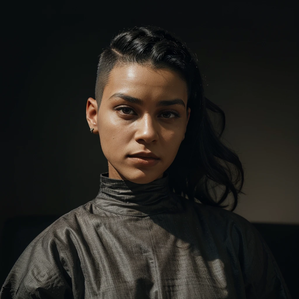 a 30 yo woman,(hi-top fade:1.3),long hair,dark theme, soothing tones, muted colors, high contrast, (natural skin texture, hyperrealism, soft light, sharp),