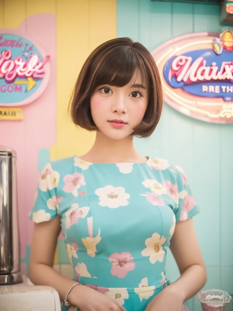 Portrait MagMix Girl look at camera, bob cut, short hair, flower dress, Retro ice cream parlor with pastel-colored walls, a classic soda fountain counter, and vintage ice cream posters, analog film photo, soft and dreamy lighting, pastel color palette, shallow depth of field, highly detailed, hyper-realistic, medium-format film camera,