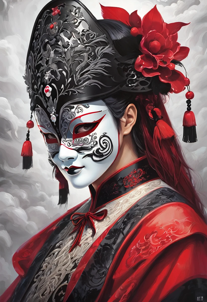 red背景上白色和black面具的无缝图案, drama masks, grey、black、白色和red, black、白色和red colors, redblack白色, Masked, Carnival masks, drama masks, ornate mask and fabrics, black、白色和red, Masquerade masks, Domino Mask, red、black和白色, black、白色和red