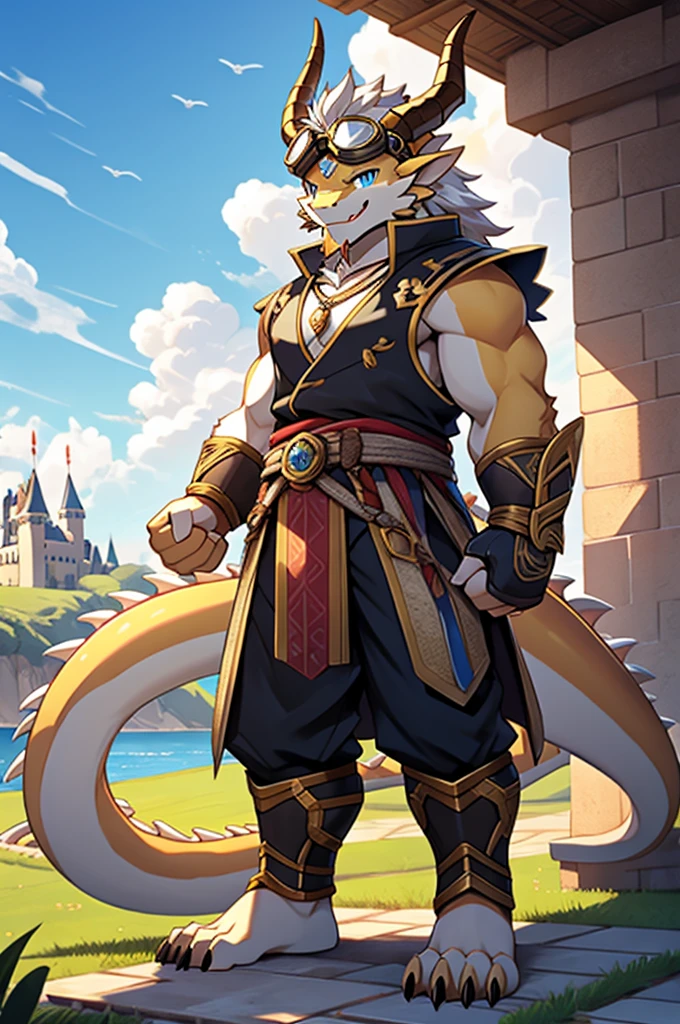 HD，noon，Blue sky，castle，grassland，Single player，Western dragon animal humanoid，hairy，young age，Cute face，Strong body，Male image，Full body standing，Short hair details，Western faucet，golden dragon horn，Golden beard，White jaw hair，Golden back hair，White belly hair，White mane extends from the top of the head to the tail，Thick and long dragon tail，White hair on the tip of the tail，Golden arm，Golden paws，Left Fist，Left Fist上附有闪电，The right hand naturally droops，The limbs are dragon claws，4 Gold Finger，4 golden toes，Pink pads on the palms and soles，，Lift one foot，Show your soles，Look to the left，A happy expression with tongue sticking out slightly，blue eyes ，Cute eyes ，Black vest，Expose the chest and abdomen，black rubber tights，Silver sapphire necklace，Wear goggles on your head，Metal combat gloves on hands，Wear a metal fighting belt on your waist，permanent。