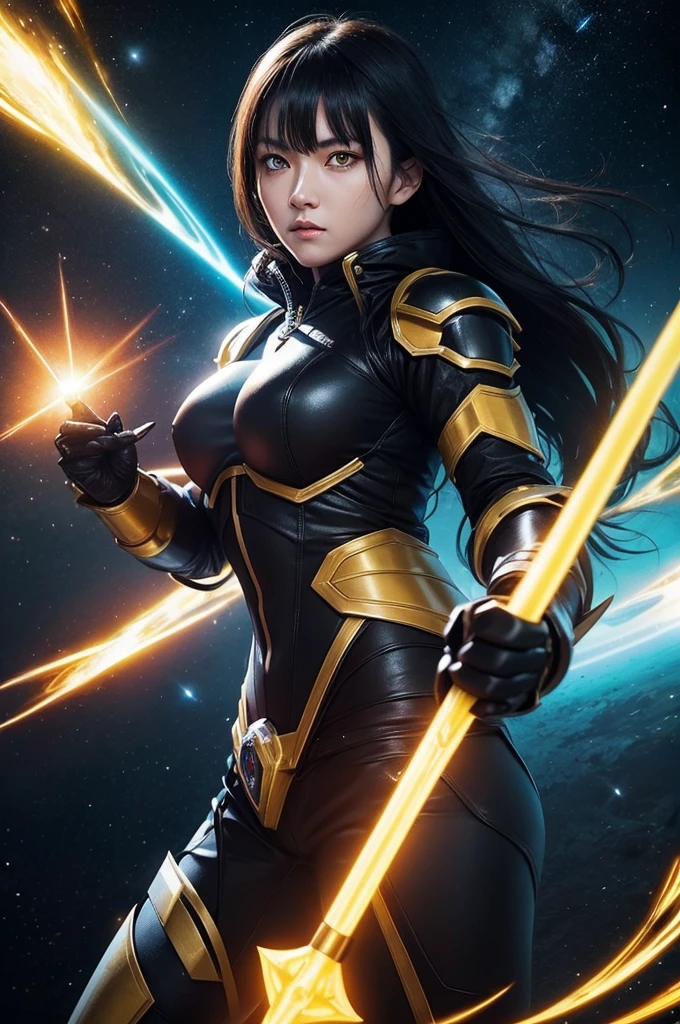 A woman with yellow eyes, dressed in a black tokusatsu armour, wielding a spear, fighting in a space battle.