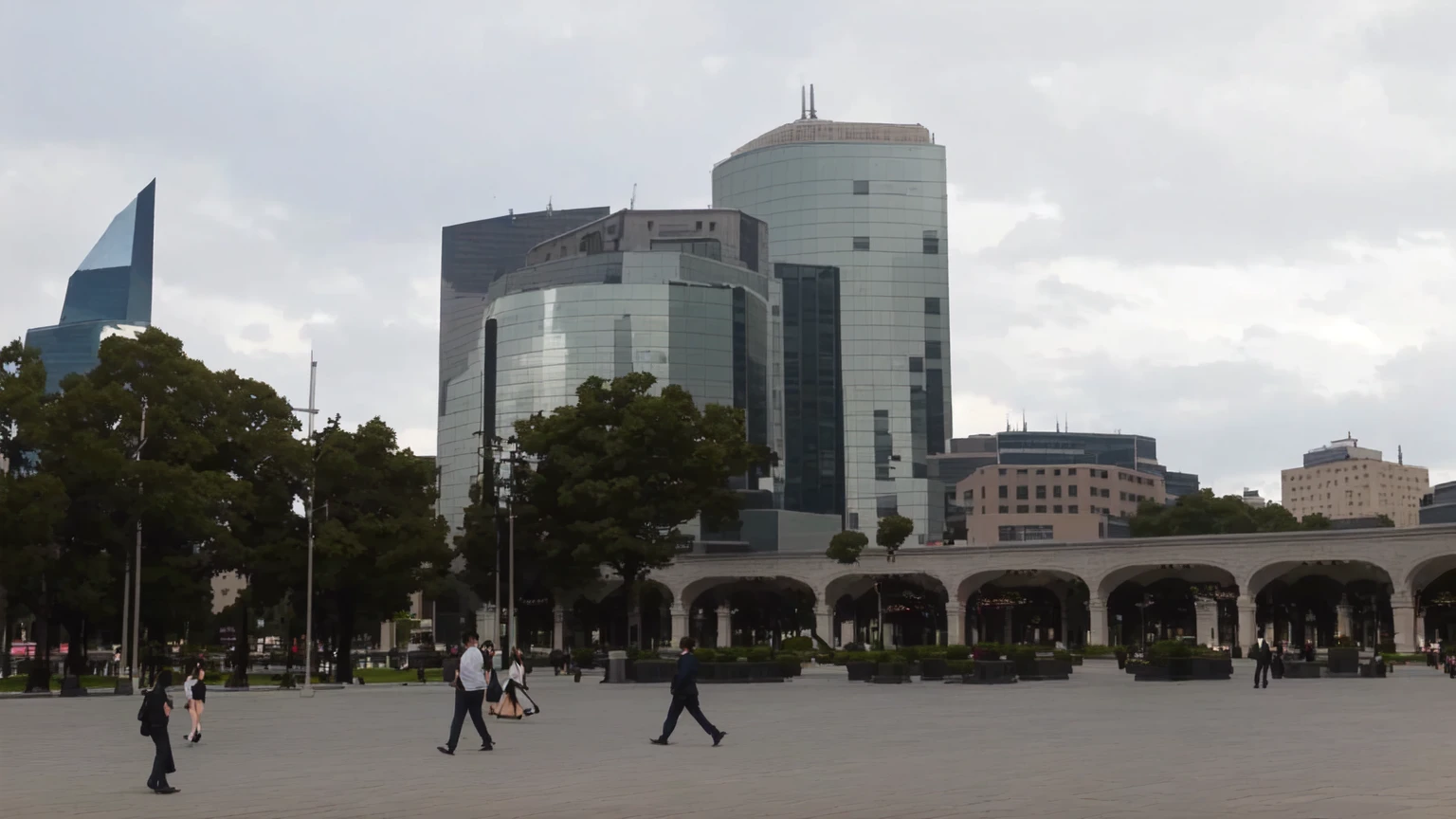 people walking through a square with some buildings in the background, capital square, epic buildings in the center, Round buildings in the background, In Chuquicamata, tall buildings in the background, modern buildings, clean and dense buildings, surrounding the city, with tall glass skyscrapers, City square, with shiny glass buildings, plaza