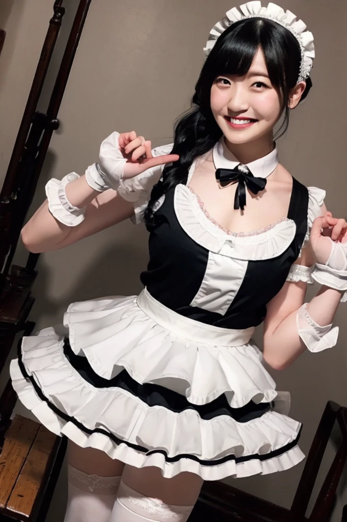 Accentuated thighs、White tights、chest、Black Hair、1 girl、solo girl、Thick thighs、hand on own chest、smile、maid costume、garter belt,maeshima ami