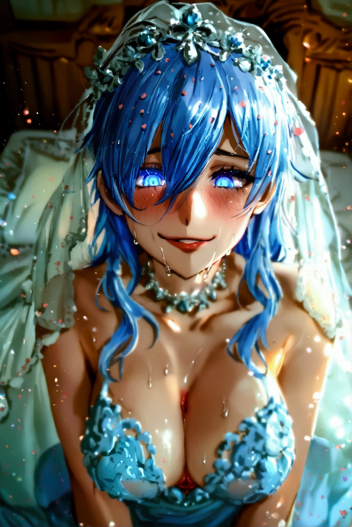 Wanderer smiling softly, hungry eyes, bedroom eyes, body shot, bedroom, indigo hair, glowing eyes, bottomless, cuntboy, ((boy with pussy)), wet pussy, in a wedding gown

