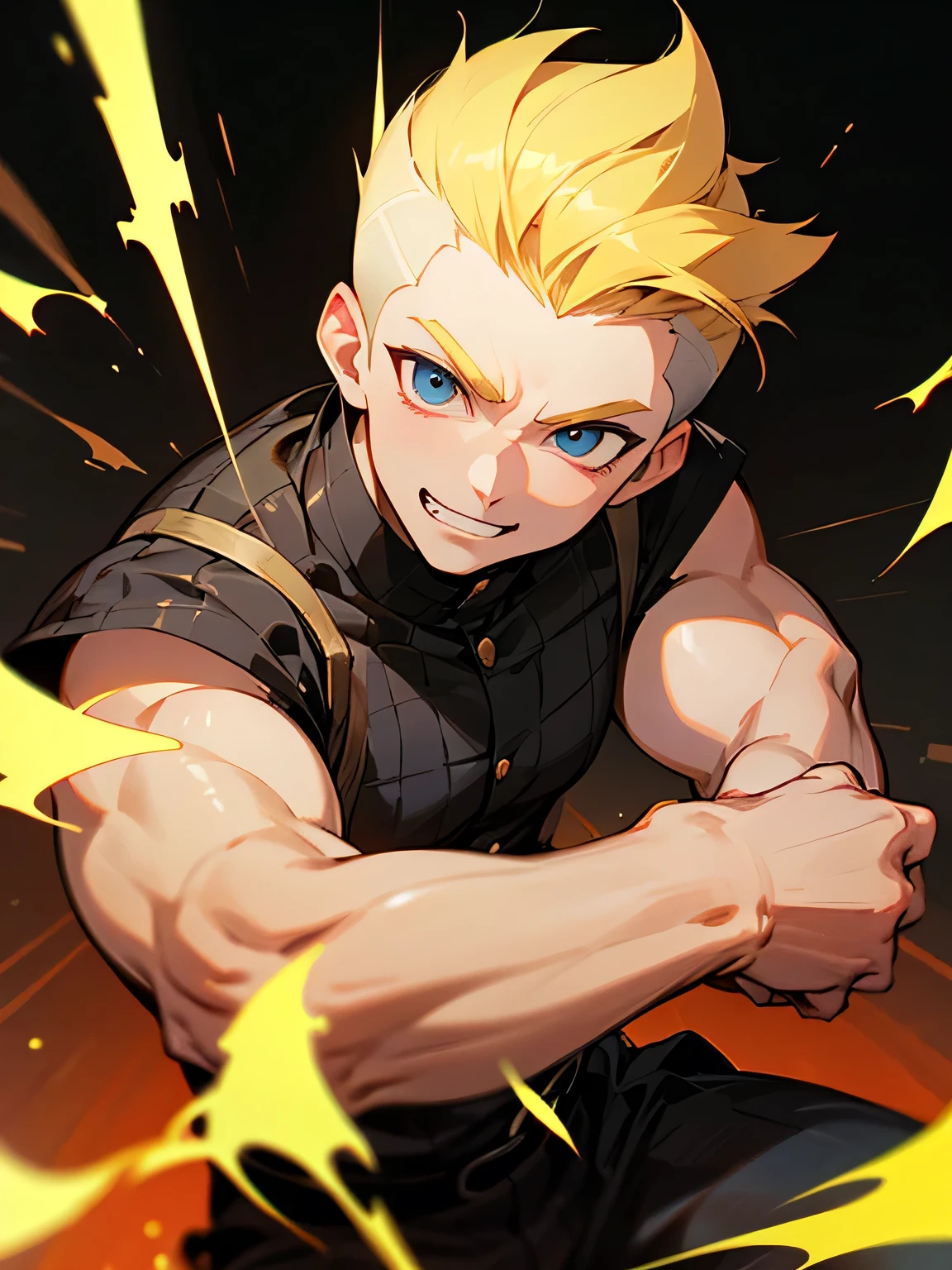 solo,looking at viewer,1boy,blonde soft Mohawk haircut ,buzz cut,no bangs,big forehead,male's eyes, male's nose, male's mouth,handsome face, manly, grin,black plaids pattern clothe,fighting stance,white simple background