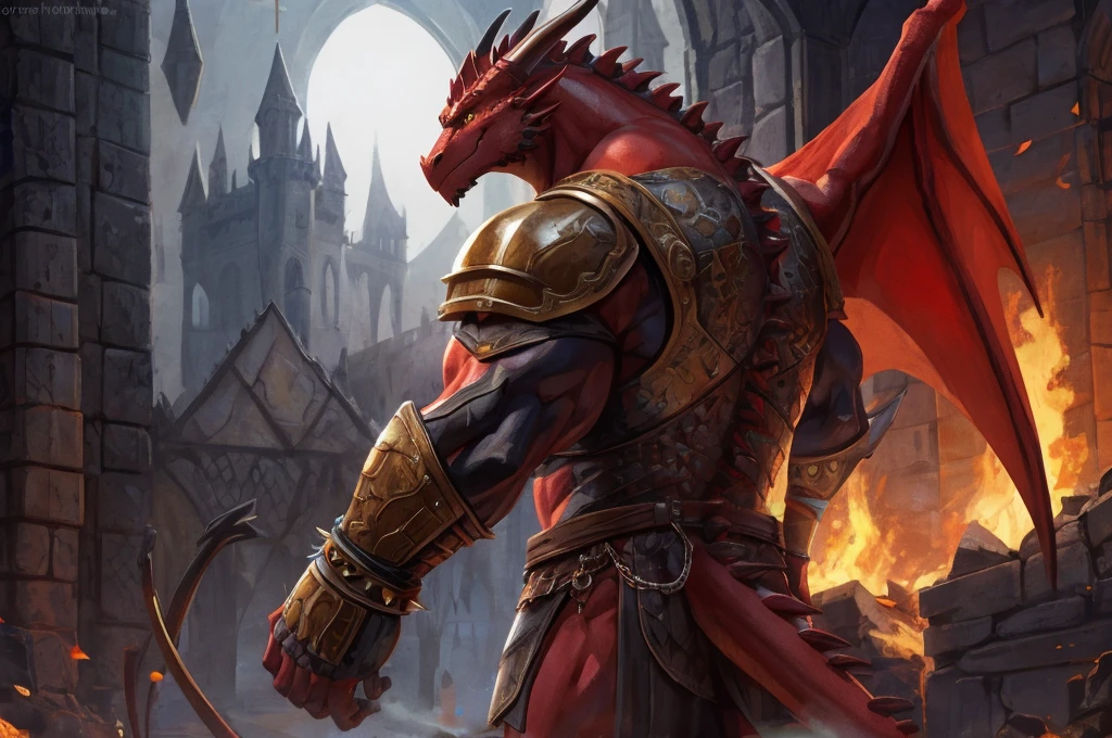 large attractive muscular male anthro dark red dragon Massive, extremely muscular, looks protective and possessive, seductive, wearing spiky armor, large muscles, yellow dragon eyes, dragon wings, red horns pointing backwards with spiked scales, big crotch, Black cape with Viking runes, two red metal shoulder pads with straps on the elbows, red metal bracelets with gold decorations on the wrists, black greaves, sideview, in a dark midnight, seductive pose, medieval ,destroyed castle, fog