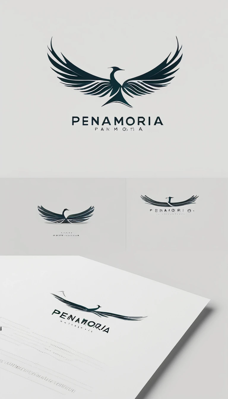 A minimal, modern, simple, cinematic logo design for the brand “Penamemoria". Create a modern, minimalistic, high-quality, logo of a feather-bird