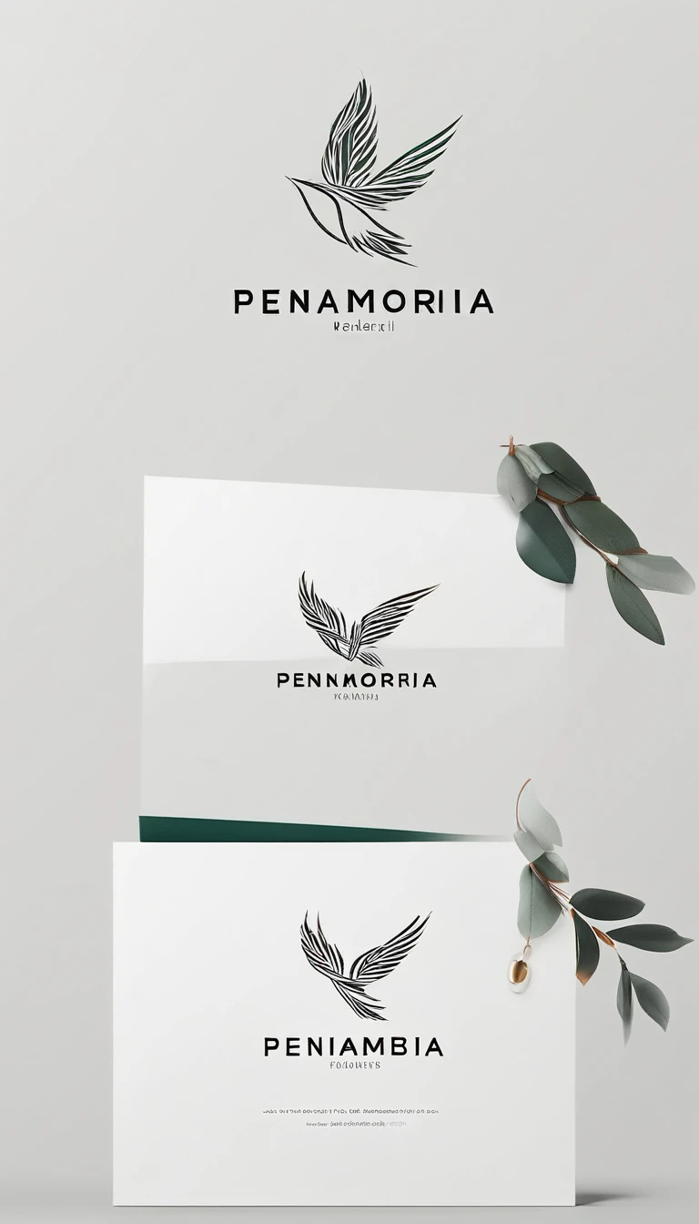 A minimal, modern, simple, cinematic logo design for the brand “Penamemoria". Create a modern, minimalistic, high-quality, logo of a feather-bird