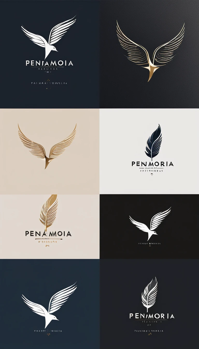 A minimal, modern, simple, cinematic logo design for the brand “Penamemoria". Create a modern, minimalistic, high-quality, logo of a feather-bird