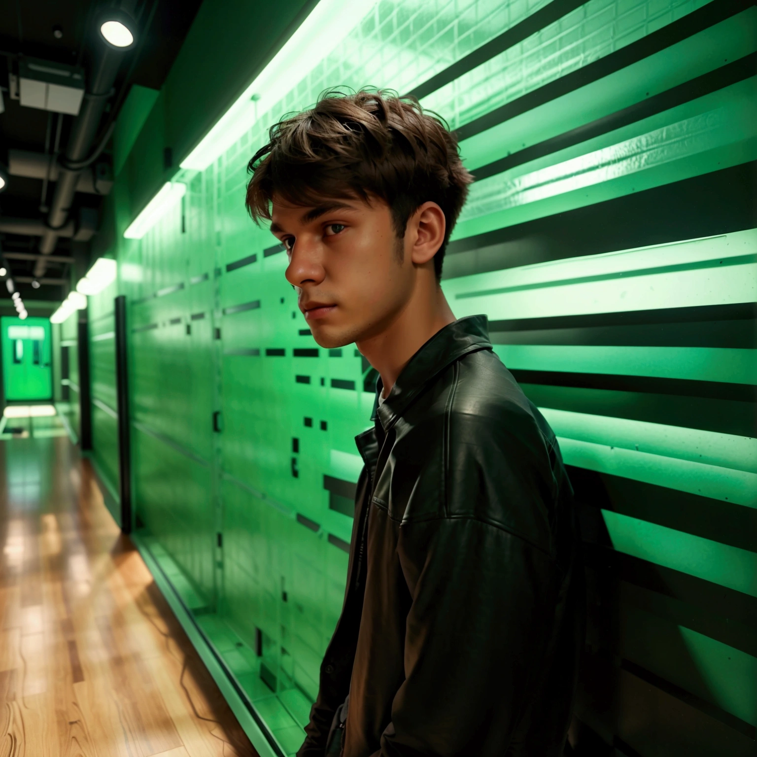 A young man standing in the corner of a closed captivity with a smooth dark green wall and a brown floor carpet. He wears short and modern clothes. ((studio lighting)) ((matte camera))