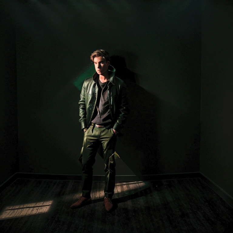 A young man standing in the corner of a closed captivity with a smooth dark green wall and a brown floor carpet. He wears short and modern clothes. ((studio lighting)) ((matte camera))