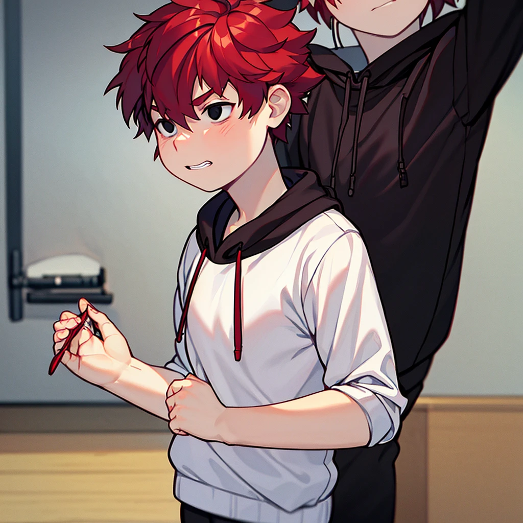 Create a character with short red hair, your black eyes and white skin, satisfied, wearing a black sweatshirt and headphones, sharped teeth. feminine