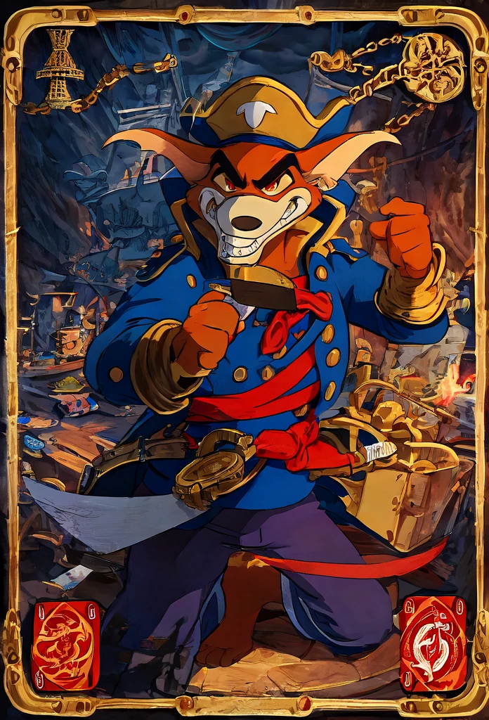 (((image designed as poker card)))

((Jack of Spades)) - (((Don Karnage))):
Barefoot furry character, furry male, plantigrade
Card Elements: The (((spade symbol))) is prominently displayed, with Don Karnage wielding a cutlass. The border of card is adorned with ((spade patterns)) and nautical motifs.
Don Karnage, the swashbuckling red wolf pirate from "TaleSpin." He has reddish fur, sharp red eyes, and a lean, agile build.
Don Karnage is dressed in a blue captain's military uniform with red and gold accents, light blue pants and tricorn hat.
The background features a pirate ship with spade-shaped sails and a stormy sea.


BREAK, masterpiece, ((detailed background)), ((dynamic background)), 8K, (masterpiece:1.5), intricate details, highly detailed, extreme detail, octane render, unreal engine, anime art, best quality, highres, (detailed face:1.5), ((full_body)), UHD, (((perfect hands))), low light