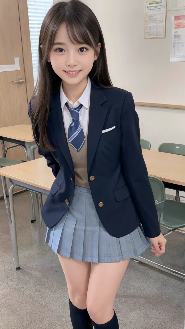 Super quality、8K、Pieces fly、、High resolution、((Xu々A composition that moves away from the subject))、((Full body photo from face to ankles))、((Perfect Anatomy))、1 female 14 years old、No skirt、Detailed skin、Glowing Skin、Baby Face、double eyelid、eyes with long eyelashes、Small face、smile、Open your mouth、Clean hairstyles、Standing in a school classroom、barely、School scene in Japan、I have a textbook、middle School girl、Blue and grey school bag、、Slender and delicate body、Small breasts、A blazer uniform with green lines、girl 、No skirt、healthy、young woman、black tights、black tights、のloafers革靴、loafers、Full Body Shot、Clean hairstyles、Accentuates the lines of her extremely slender legs