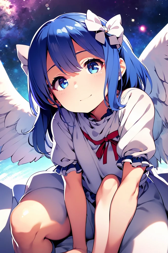 (best quality,4k,8k,highres,masterpiece:1.2), ultra-detailed, highly detailed texture, intricate details, A cute teenage angel with blue eyes, drawn in anime style, 1girl, , , , medium blue hair, hair flaps, pink ribbon on head, well-formed face, blue eyes, angel girl, white blouse, puffy short sleeves, red ribbon, angel wings, long white skirt, red shoes, frills, ribbon head, A pair of angel wings on the back