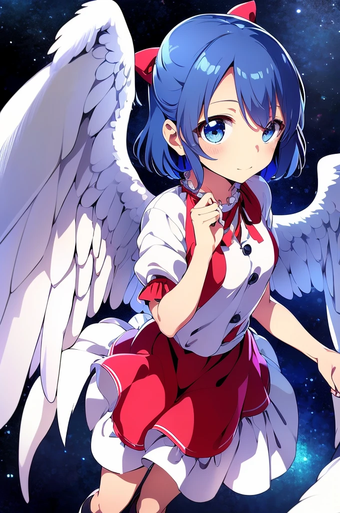 (best quality,4k,8k,highres,masterpiece:1.2), ultra-detailed, highly detailed texture, intricate details, A cute teenage angel with blue eyes, drawn in anime style, 1girl, , , 10 years old, medium blue hair, hair flaps, pink ribbon on head, well-formed face, blue eyes, angel girl, white blouse, puffy short sleeves, red ribbon, angel wings, long white skirt, red shoes, frills, ribbon head, A pair of angel wings on the back