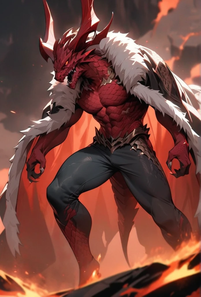 (High resolution, best quality, masterpiece), detailed, ultra detail, 1male, physically fit, muscular body, fierce expression, red eyes, (detailed eyes), redhair, short length hair, full body, ((dragon horns)), ((face: dragon scales)), face covered in scales, ((topwear: fur lined coat, bottomwear: tight jeans)), volcanic background, part draconic, somber expression, inhuman, reptilian skin