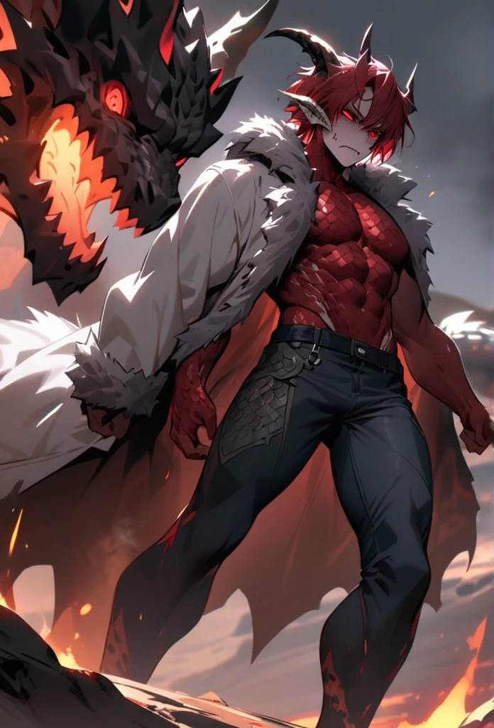(High resolution, best quality, masterpiece), detailed, ultra detail, 1male, physically fit, muscular body, fierce expression, red eyes, (detailed eyes), redhair, short length hair, full body, ((dragon horns)), ((face: dragon scales)), face covered in scales, ((topwear: fur lined coat, bottomwear: tight jeans)), volcanic background, part draconic, somber expression, inhuman, reptilian skin