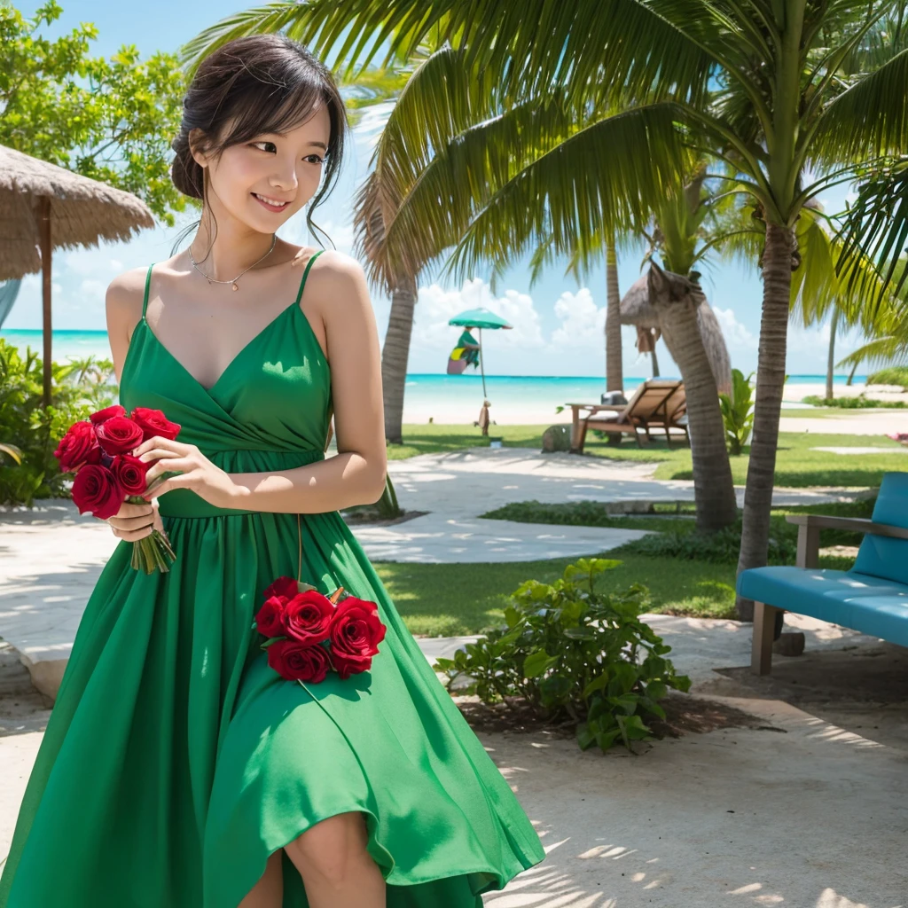 Wearing a green dress、A woman enjoying vacation at a tropical resort。With a red rose in my hand。