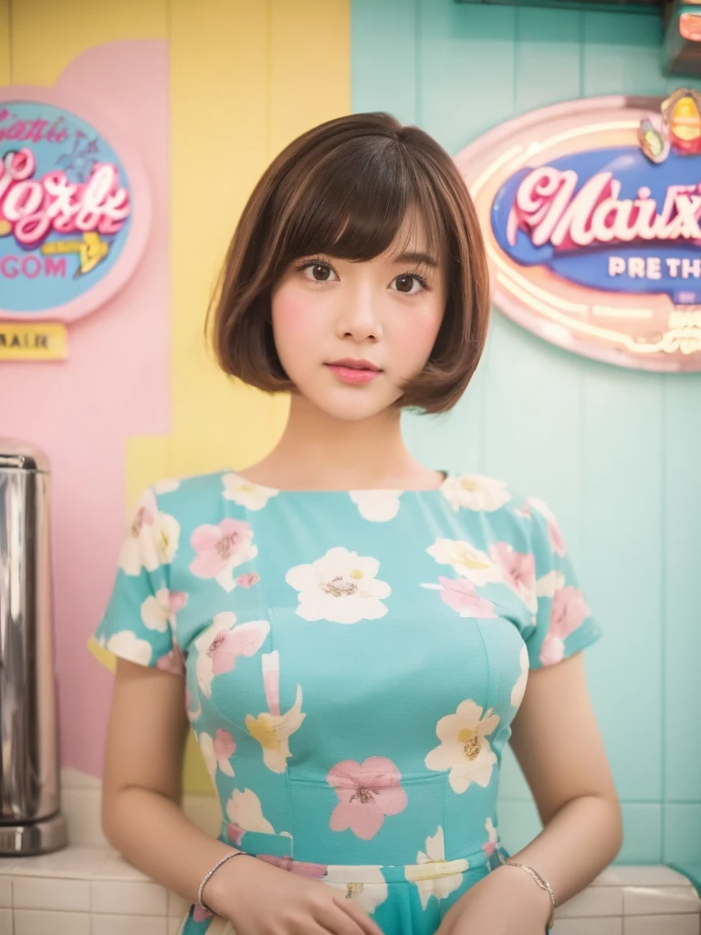 Portrait MagMix Girl look at camera, bob cut, short hair, flower dress, Retro ice cream parlor with pastel-colored walls, a classic soda fountain counter, and vintage ice cream posters, analog film photo, soft and dreamy lighting, pastel color palette, shallow depth of field, highly detailed, hyper-realistic, medium-format film camera,