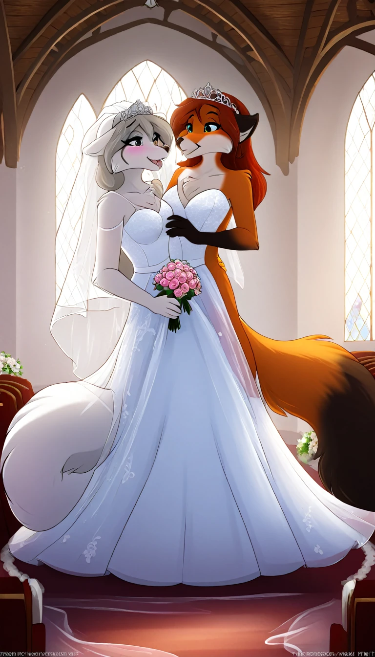 furry fox tails yiff bride  lesbian & lesbian women & women & wedding dress wedding dress   wedding dress  veil tiara chapel,