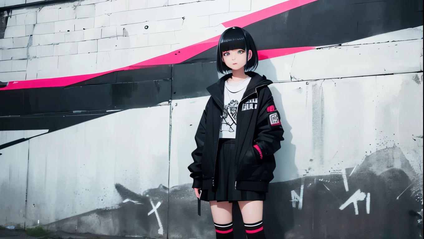Bobcut、Black Hair、blunt bangs、PC in the room、Horizontal composition、Step Piece, Best Quality, Best Illustration, Ultra-detailed,girl, pinkrose long hair, crazy baddie girl, Cool Black Open Short Jacket, neck tattoo, Messy Fade Cut Hair, Side braided hair,Crazy, standing with an eerie feeling, abandond street graffiti wall background,knee high socks, quirky sneakers, Eyeshadow on the eyes,unusual colored eyes, Eyes of fear, vivid eyes, cool shot