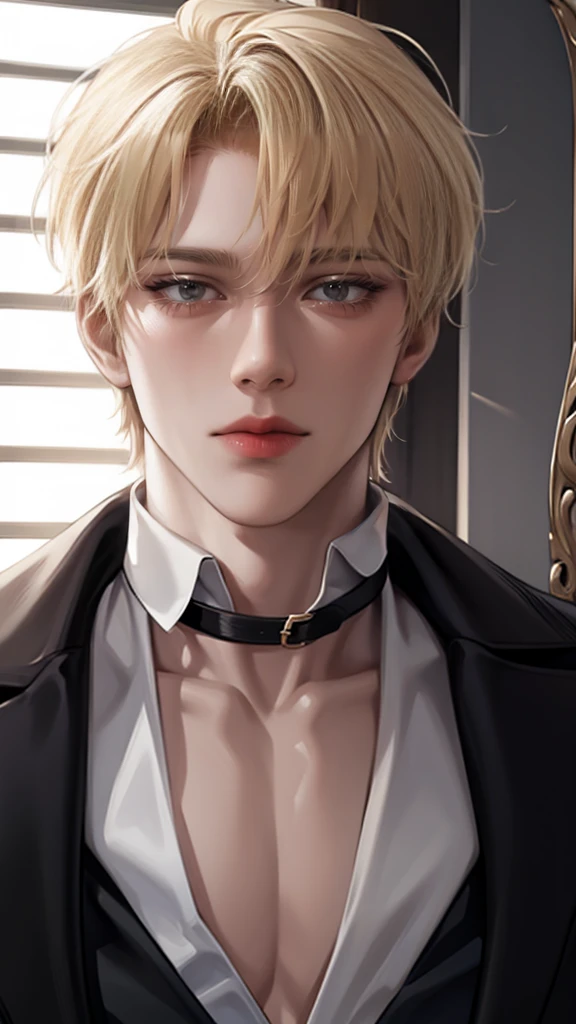 boy with blond hair、glare、gothic fashion