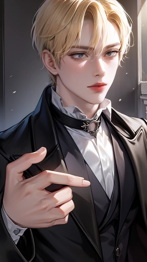 boy with blond hair、glare、gothic fashion